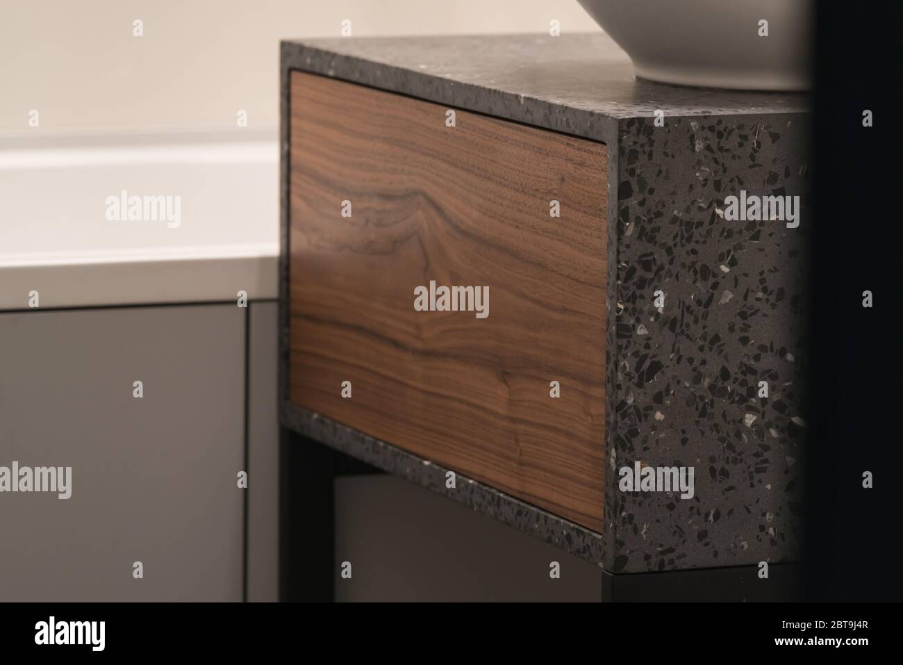 Iterior Shot Of Bathroom Terrazzo Concrete Cabinet With Walnut Drawer And White Round Sink Shallow Focus Stock Photo Alamy
