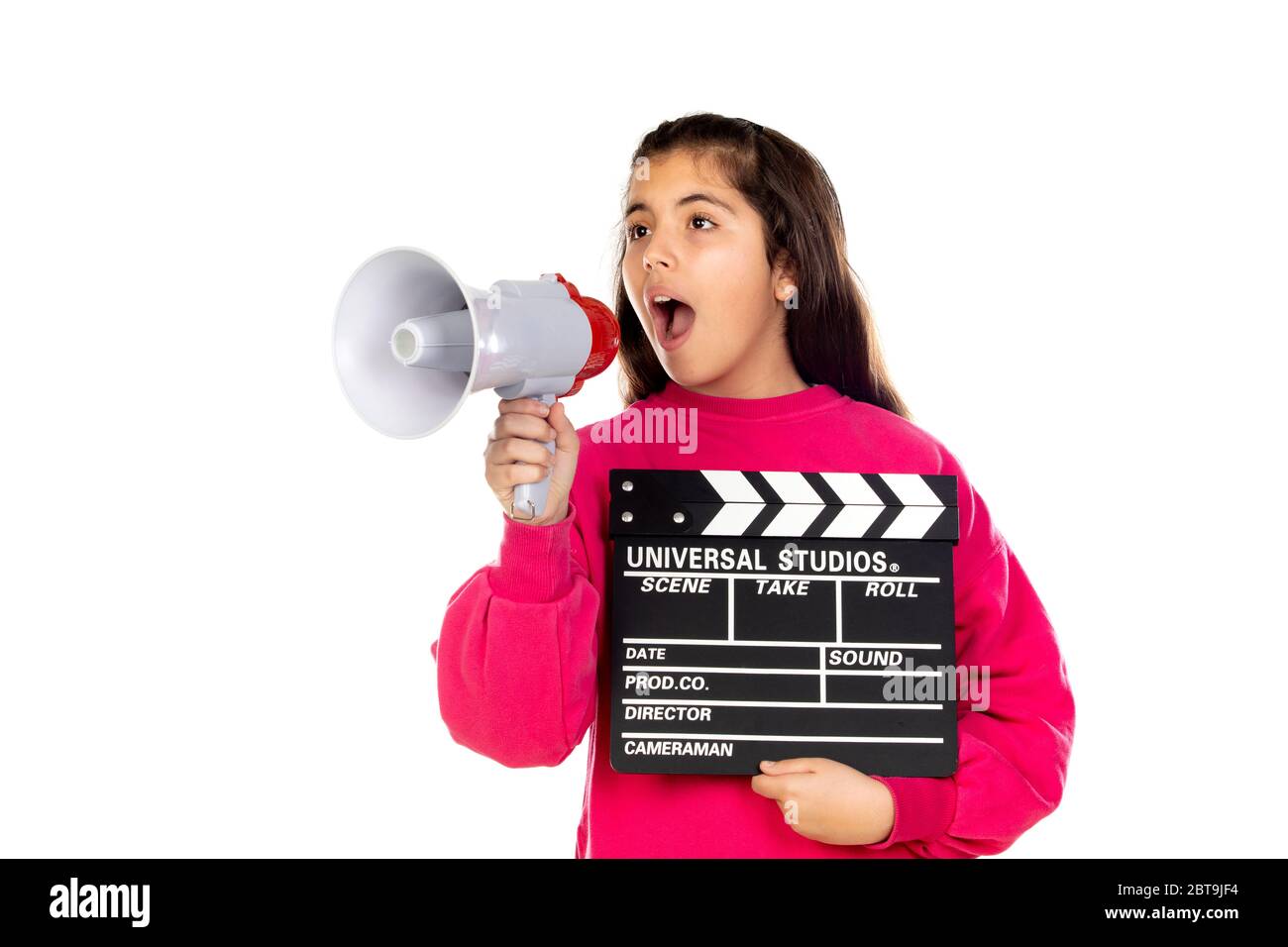 Adorable girl with a Clapperboard and a megaphone, isolated on a white background Stock Photo