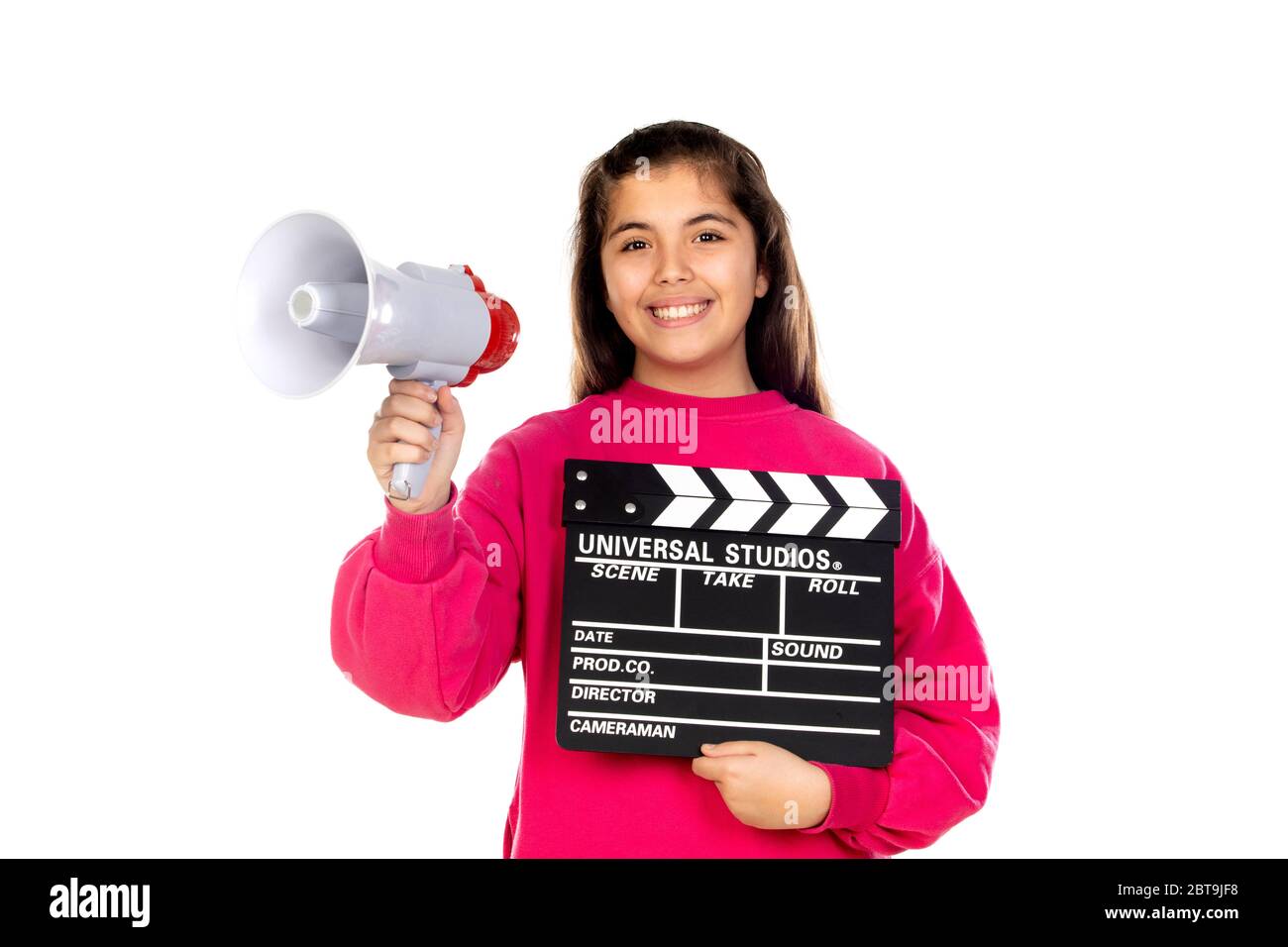 Adorable girl with a Clapperboard and a megaphone, isolated on a white background Stock Photo