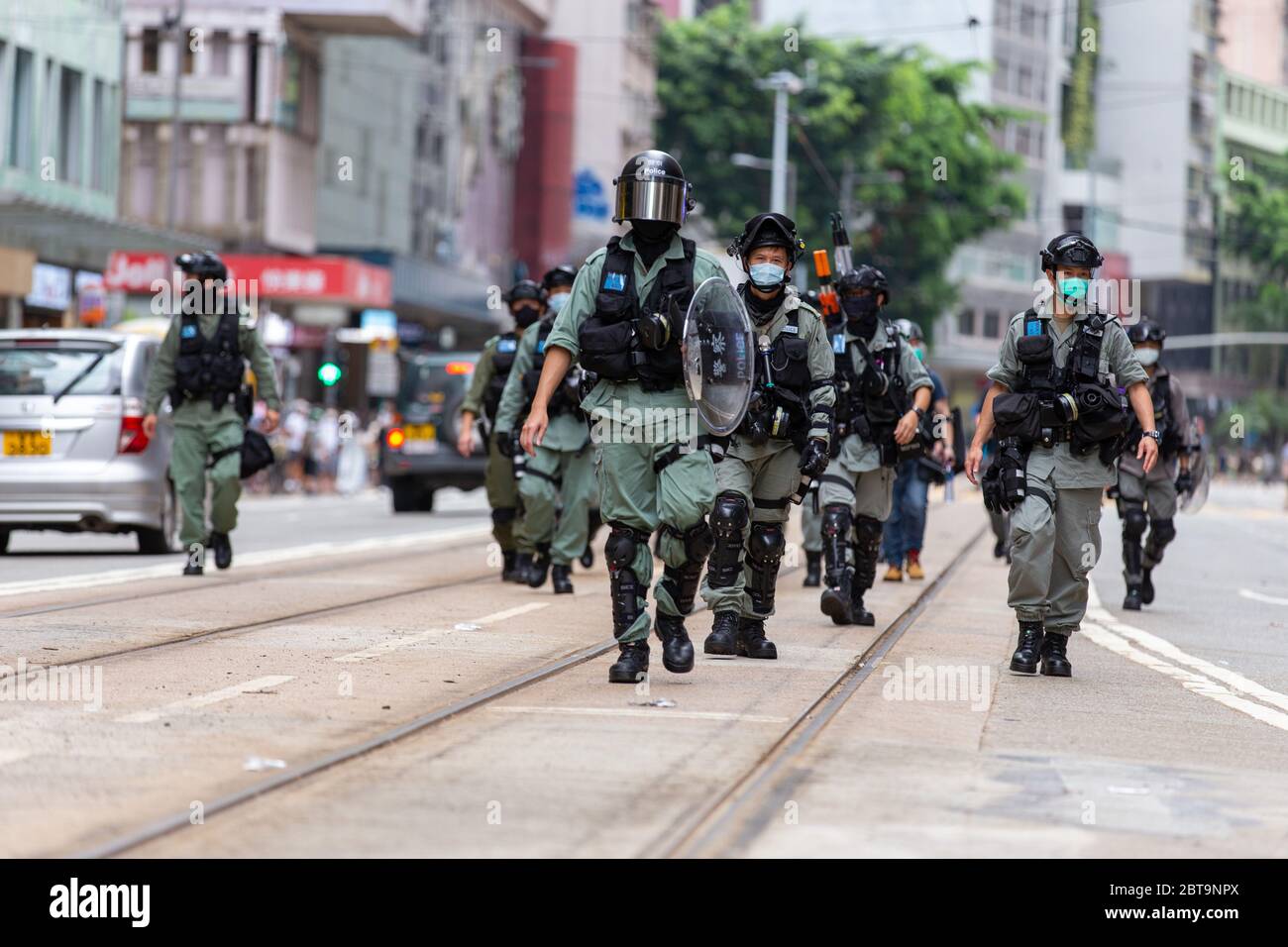 Hong Kong, 24th May 2020. HK POlice moving to clear barricades made by protestors. Credit: David Ogg / Alamy Live News Stock Photo