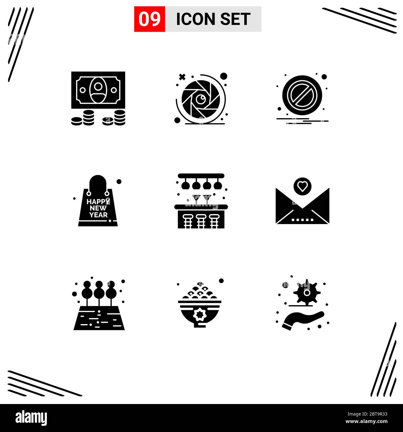 Pack of 9 Modern Solid Glyphs Signs and Symbols for Web Print Media such as pub, city, notification, year, new Editable Vector Design Elements Stock Vector