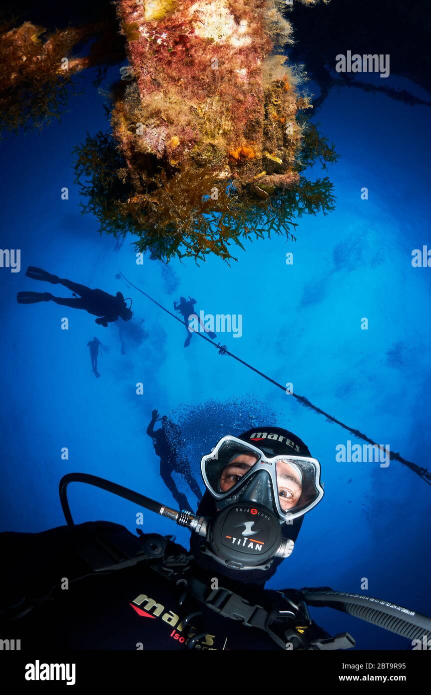 Underwater view of scuba divers in the safety stop line at Don Pedro shipwreck (Ses Salines Natural Park, Ibiza, Mediterranean sea, Spain) Stock Photo