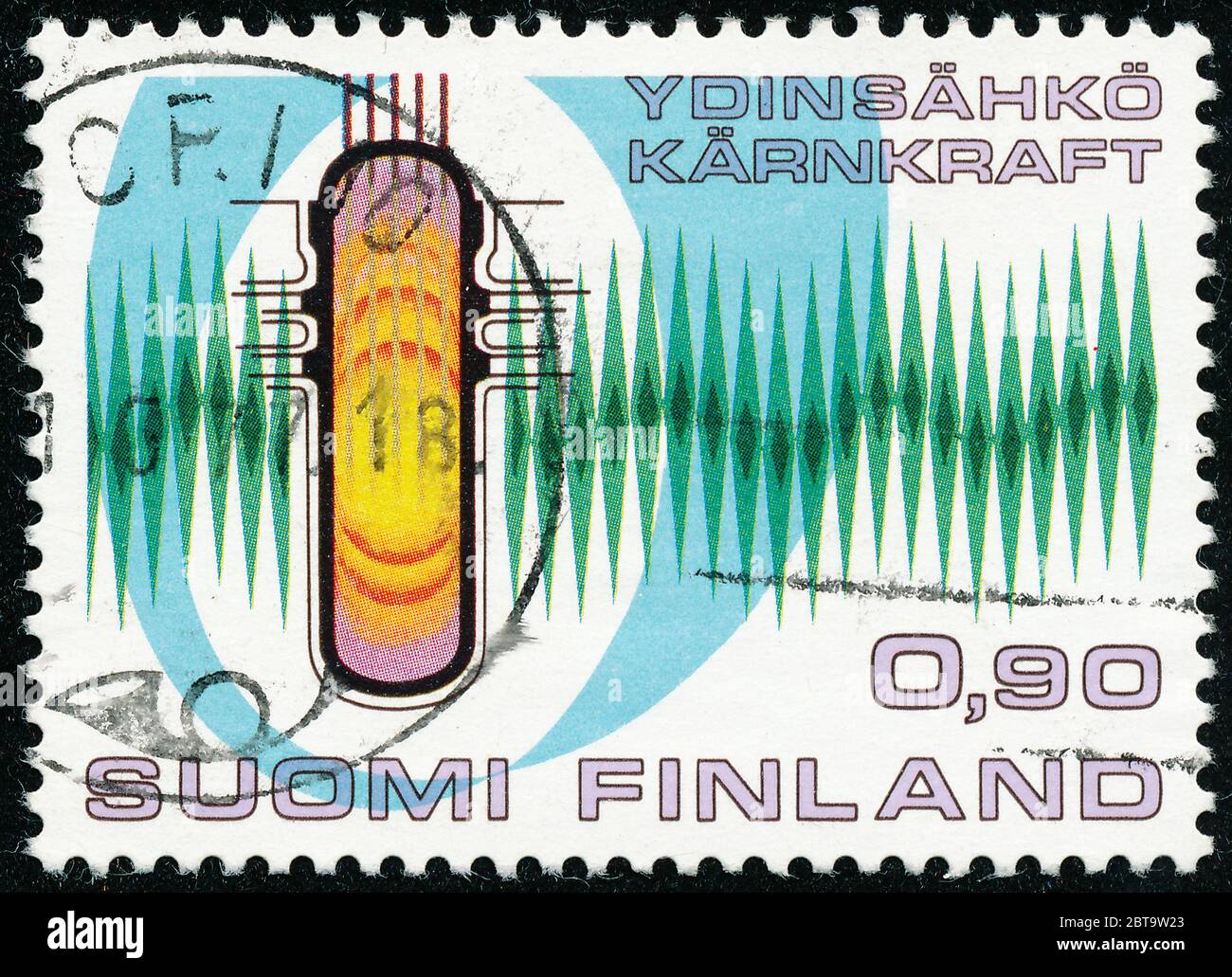 POLTAVA, UKRAINE - May 24, 2020. Vintage stamp printed in Finland circa 1977 show Hastholmen nuclear power plant Stock Photo