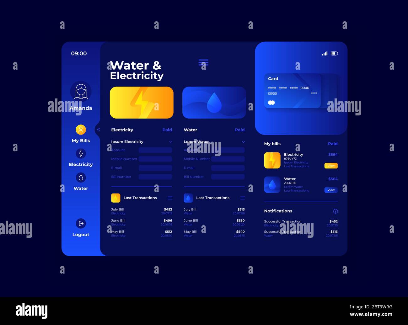 Water and electricity cost tablet interface vector template Stock