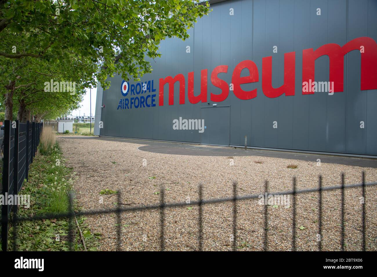 Street view of the Royal Air Force Museum hangar and logo in Hendon