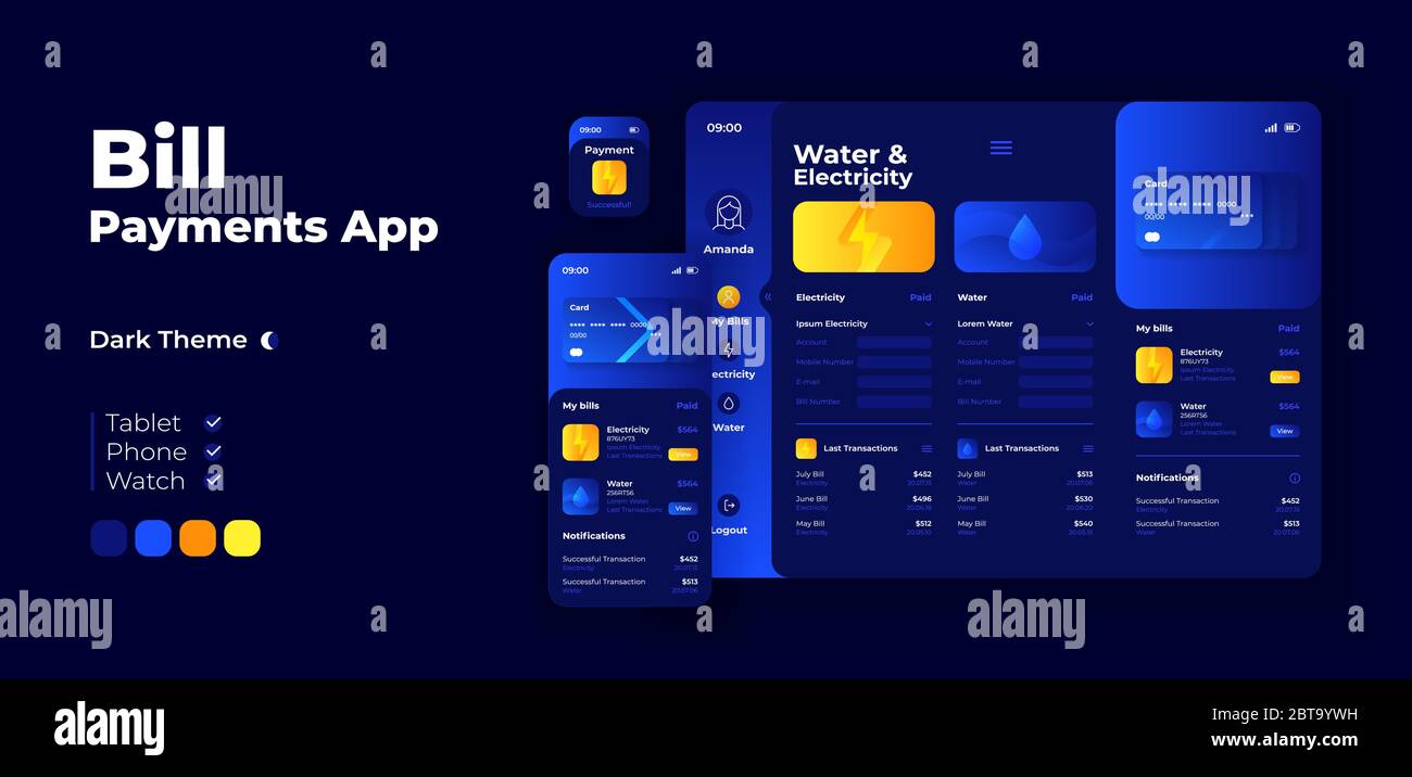 Utility bills payment app screen vector adaptive design template Stock