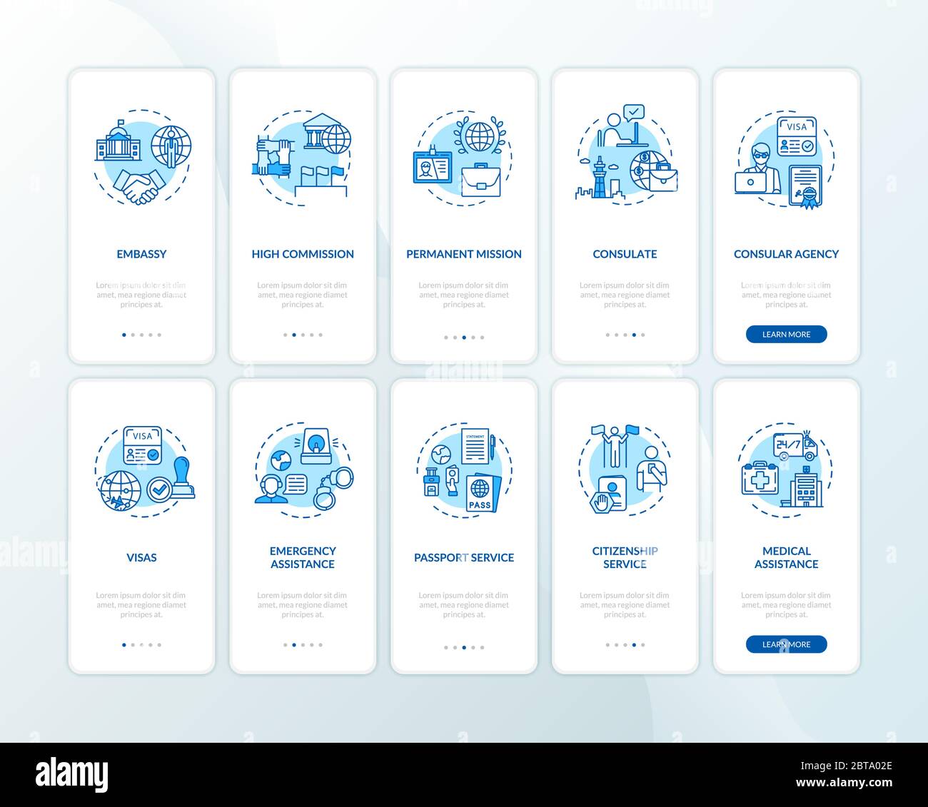 Government legal support onboarding mobile app page screen set with ...