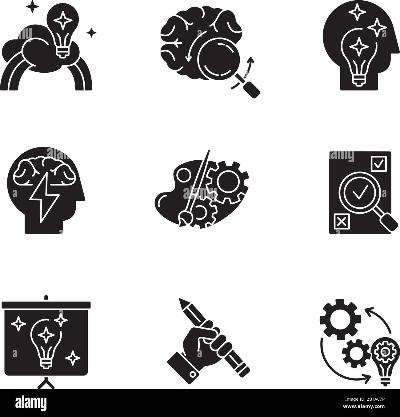 Creative mind workflow black glyph icons set on white space Stock ...