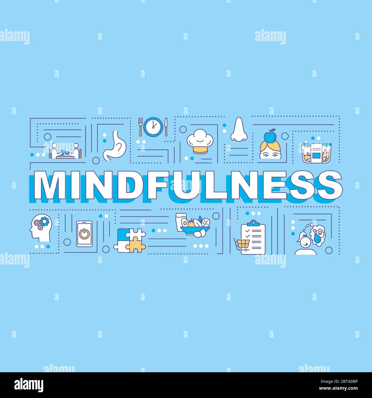 Mindfulness, conscious eating word concepts banner. Healthcare, mindful nutrition. Infographics with linear icons on blue background. Isolated Stock Vector