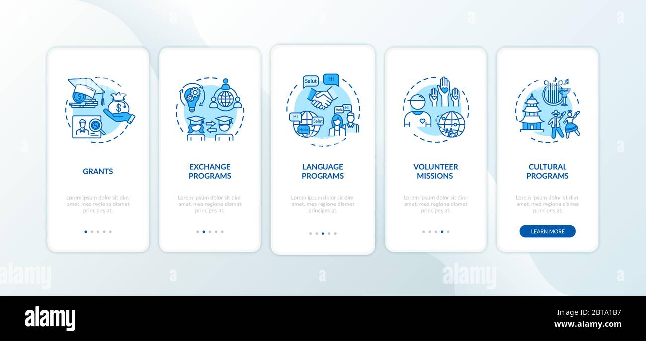 Global exchange program onboarding mobile app page screen with concepts Stock Vector