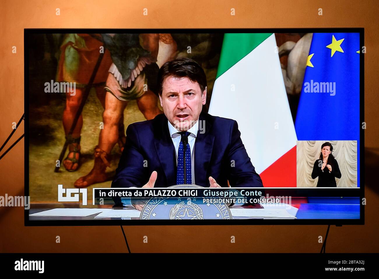 Turin, Italy - 01 April, 2020: Italian Prime Minister Giuseppe Conte, broadcasted on television by channel RAI 1, announces to Italian people the extension of the restrictions until April 13th to contain crisis caused by the coronavirus. The Italian government imposed unprecedented restrictions to halt the spread of COVID-19 coronavirus outbreak, among other measures people movements are allowed only for work, for buying essential goods and for health reasons. Credit: Nicolò Campo/Alamy Live News Stock Photo