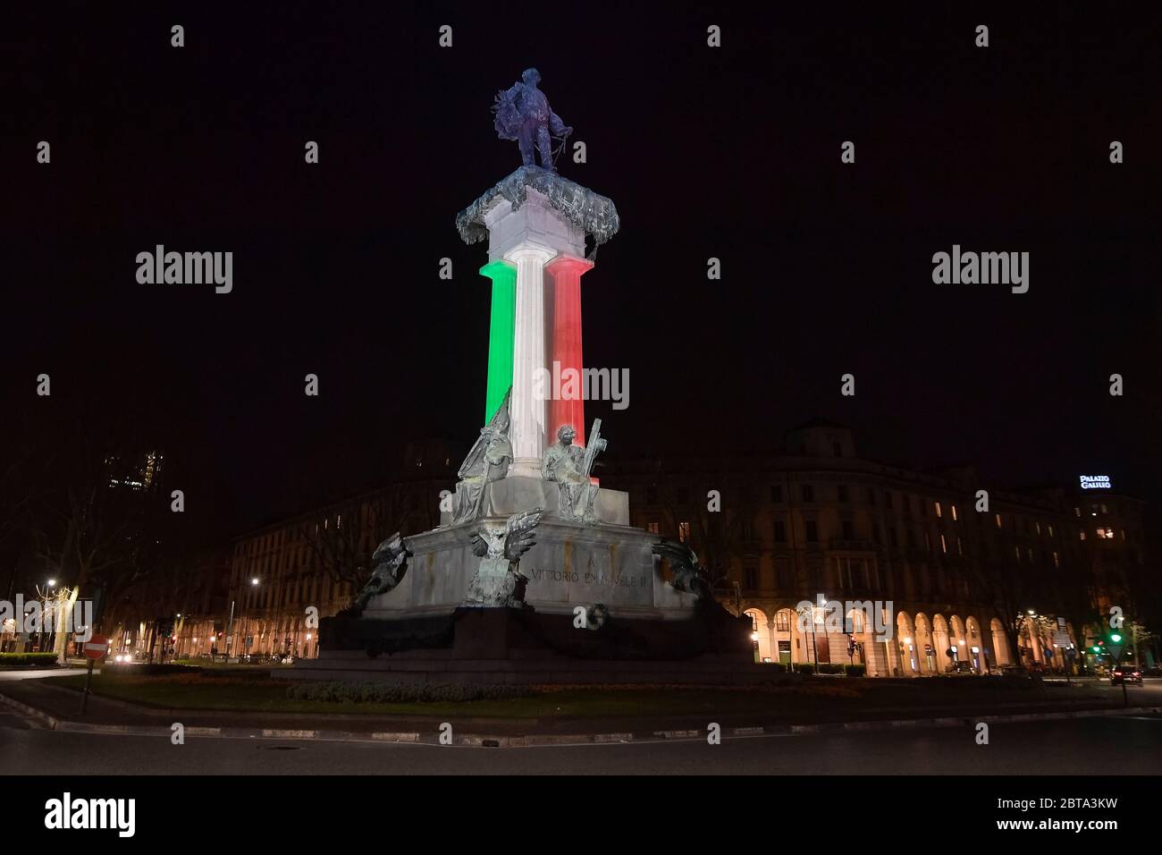 Turin, Italy - 13 March, 2020: Monument to Vittorio Emanuele II (Victor Emmanuel II) is illuminated with colours of Italian flag (green, white, red). Vittorio Emanuele II was first king of united Italy, monument will be illuminated from 13 March to 18 March to celebrate 200 years from birth of Vittorio Emanuele II (14 March 1820) and anniversary of the Unification of Italy (17 March 1861). Credit: Nicolò Campo/Alamy Live News Stock Photo