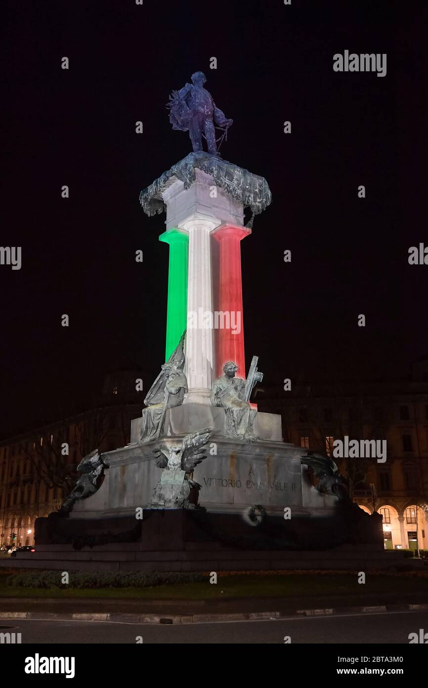 Turin, Italy - 13 March, 2020: Monument to Vittorio Emanuele II (Victor Emmanuel II) is illuminated with colours of Italian flag (green, white, red). Vittorio Emanuele II was first king of united Italy, monument will be illuminated from 13 March to 18 March to celebrate 200 years from birth of Vittorio Emanuele II (14 March 1820) and anniversary of the Unification of Italy (17 March 1861). Credit: Nicolò Campo/Alamy Live News Stock Photo