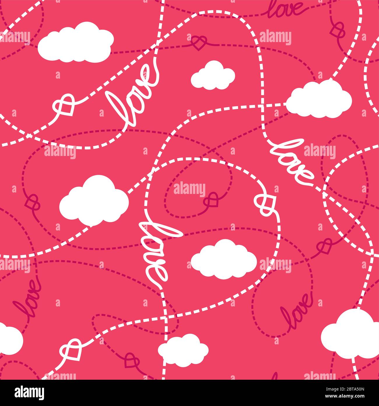 Vector seamless pattern with love words, hearts, tangled lines and clouds. Repeating abstract background for romantic design. Love conceptual texture. Stock Vector