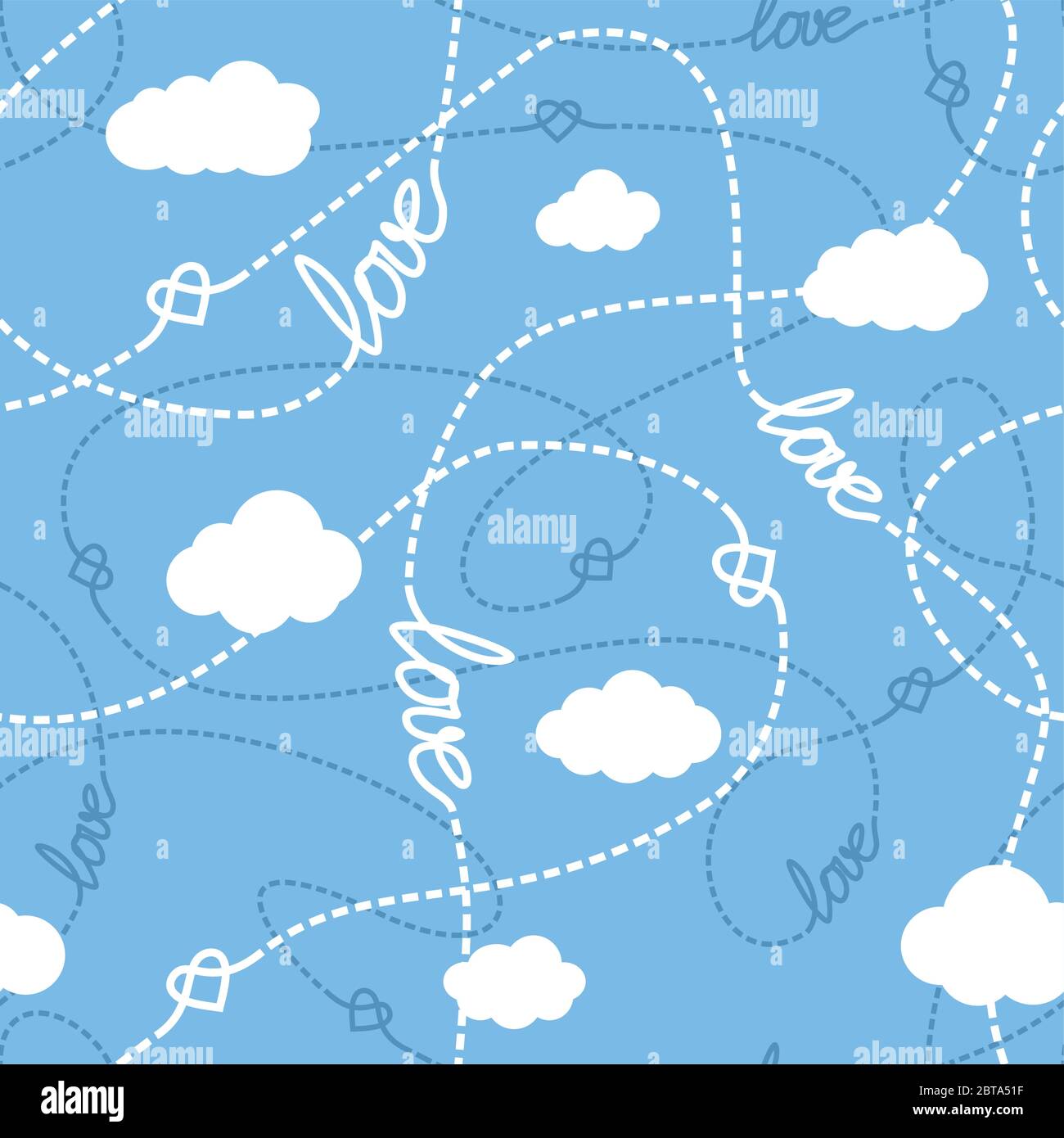 Vector seamless pattern with love words, hearts, tangled lines and clouds. Repeating abstract background for romantic design. Love conceptual texture. Stock Vector