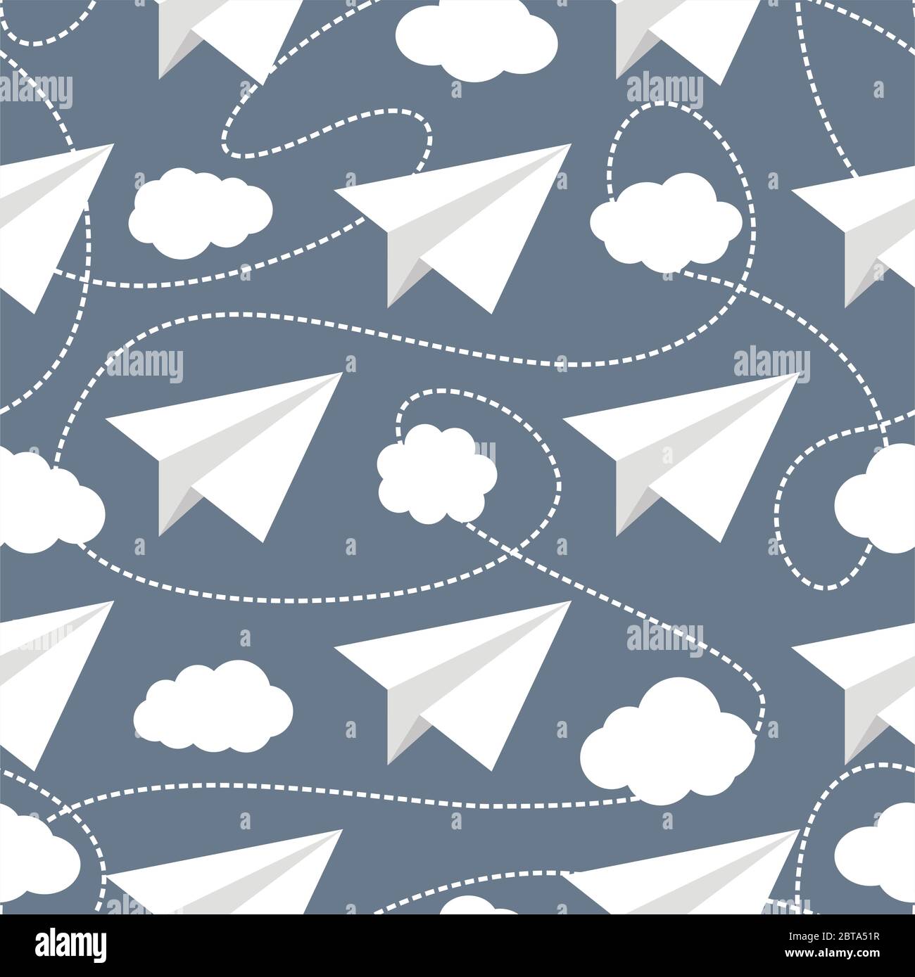 Paper planes seamless vector pattern. Repeating abstract background with paper planes. Papercraft airplanes texture. Paper planes flying in clouds. Stock Vector