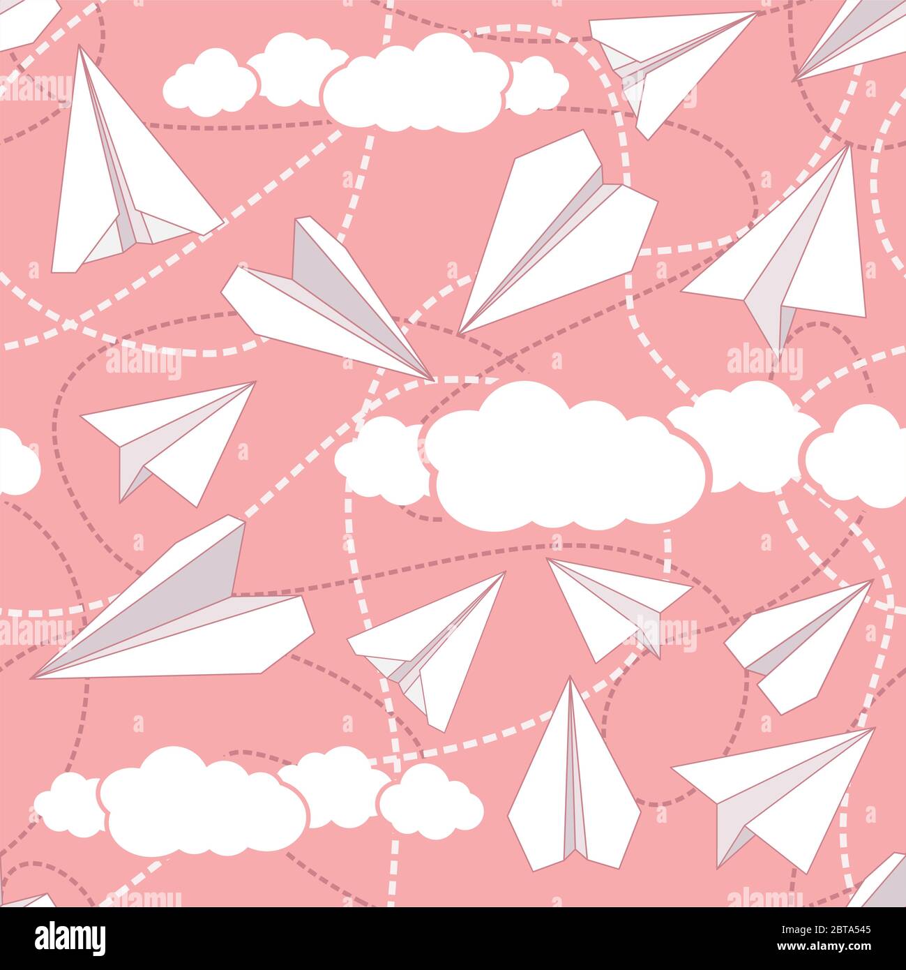 Paper planes seamless vector pattern. Repeating abstract background with paper planes. Papercraft airplanes texture. Paper planes flying in clouds. Stock Vector