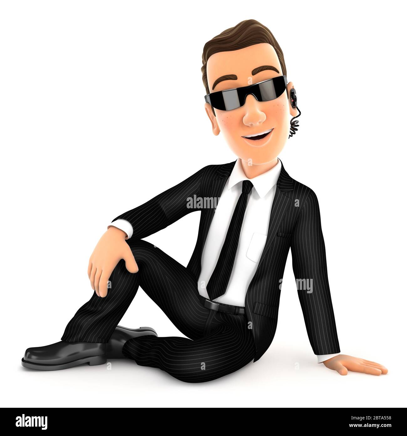 3d security agent sitting on the floor, illustration with isolated white background Stock Photo