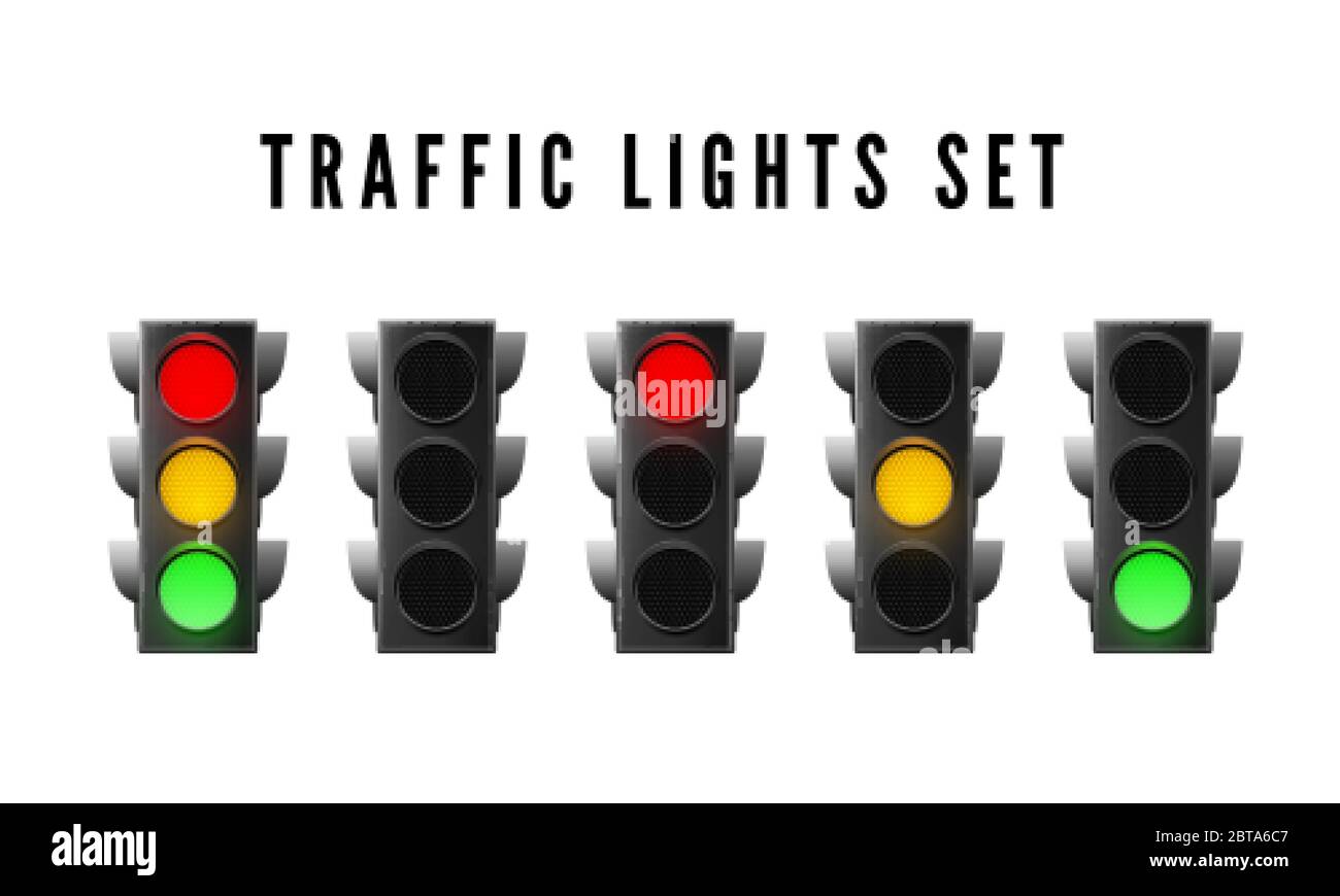 Set of realistic traffic lights. Red yellow and green traffic signal. Isolated vector illustration Stock Vector