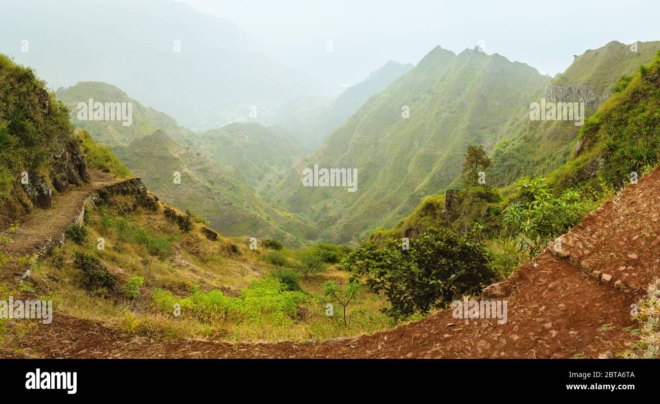 Santa Antao island in Cape Verde. Panoramic view of the fertile ravine valley with volcanic mountain ridge Stock Photo