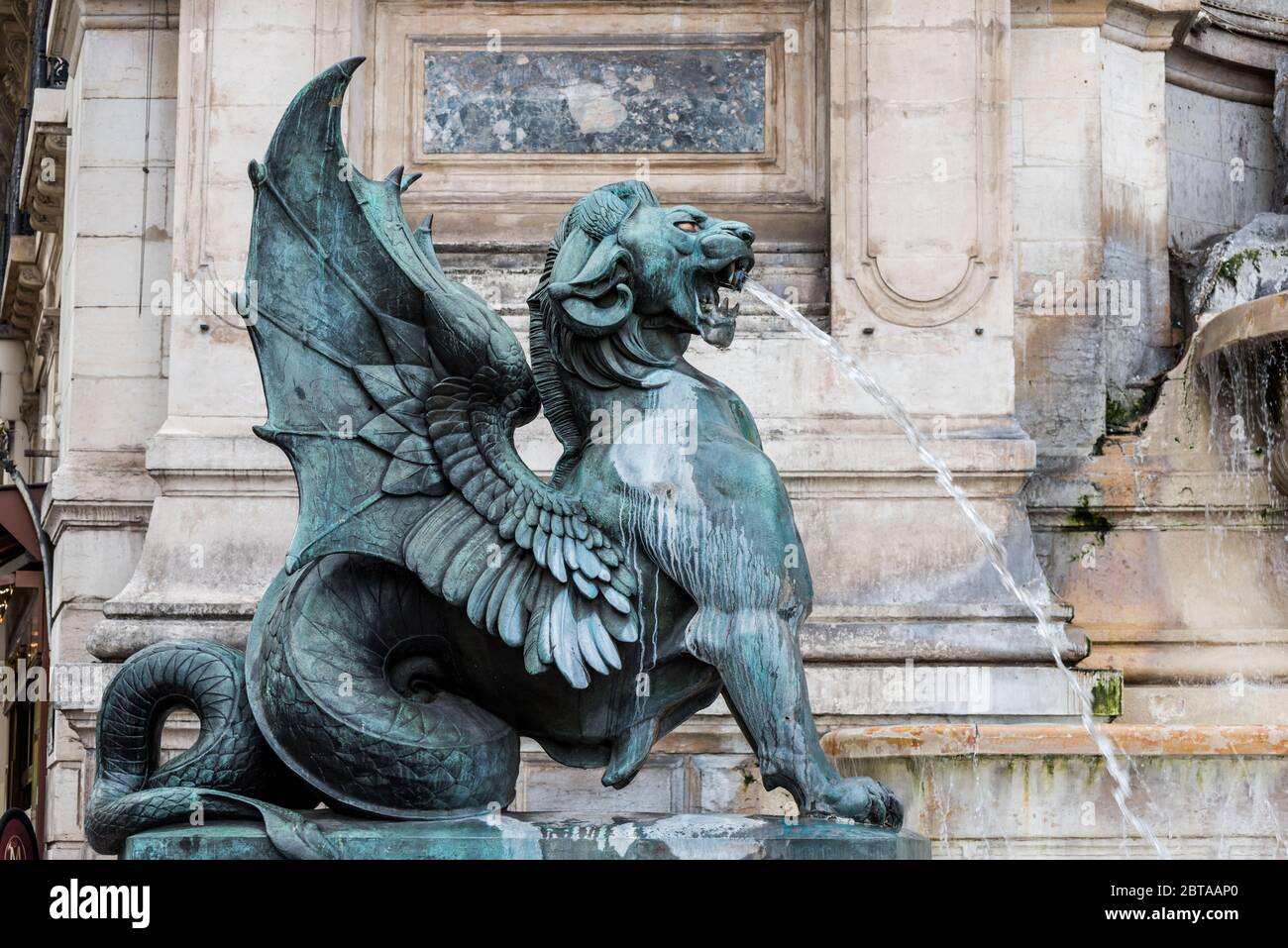 Fontaine Saint-Michel,  by the architect Gabriel Davioud, a monumental fountain located in Place Saint-Michel in the 6th arrondissement in Paris, Fran Stock Photo