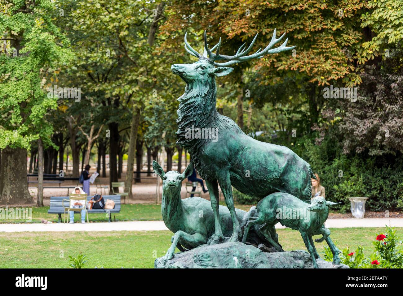 Bronze statue of Harde de Cerfs statue by A J LeDuc inside Luxembourg Gardens, Paris, France. Stock Photo