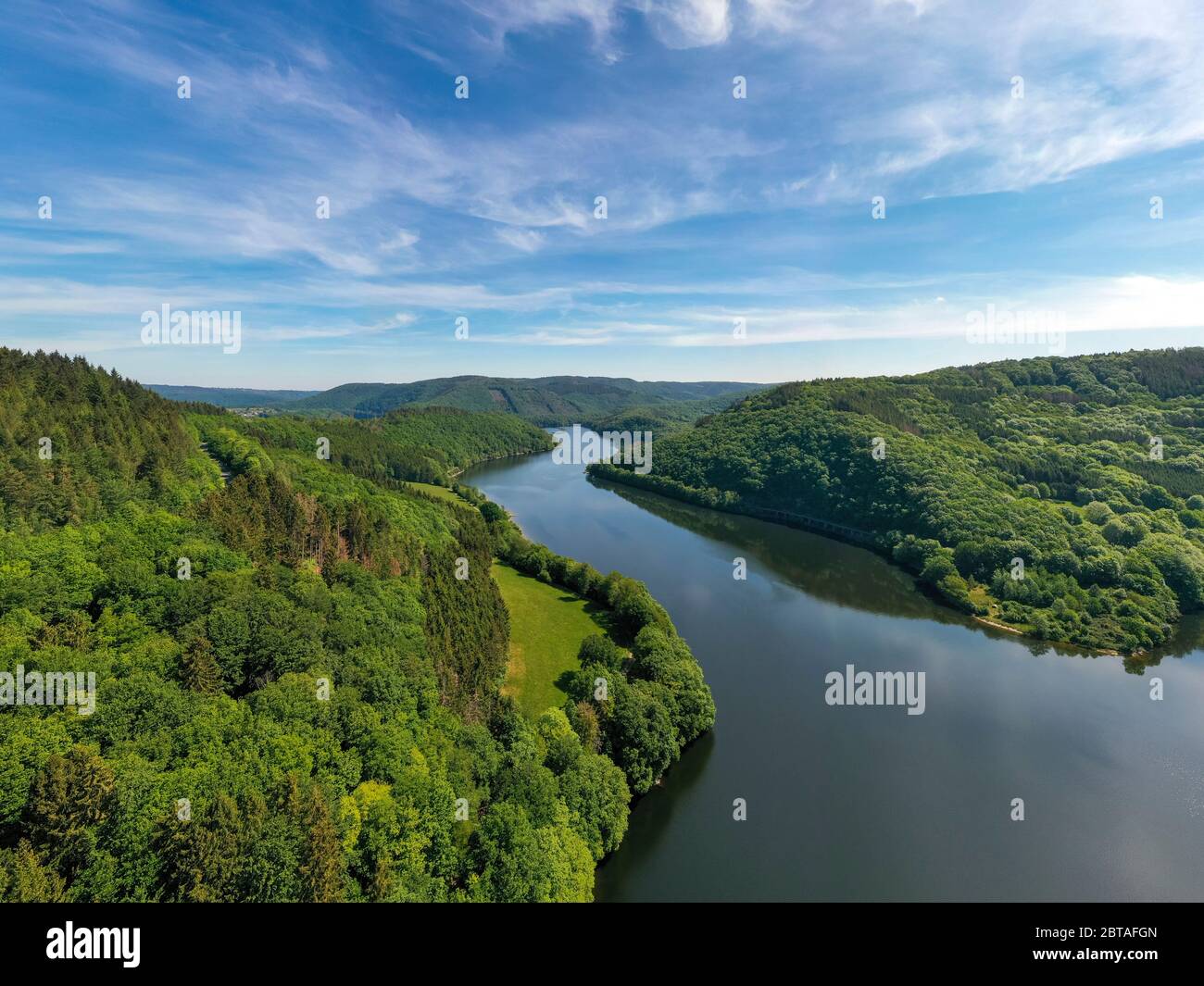 Aerial view of the Obersee (Upper Rursee), a reservoir lake in the Eifel Mountains, Einruhr, Simmerath, North Rhine-Westphalia, Germany, Europe Stock Photo