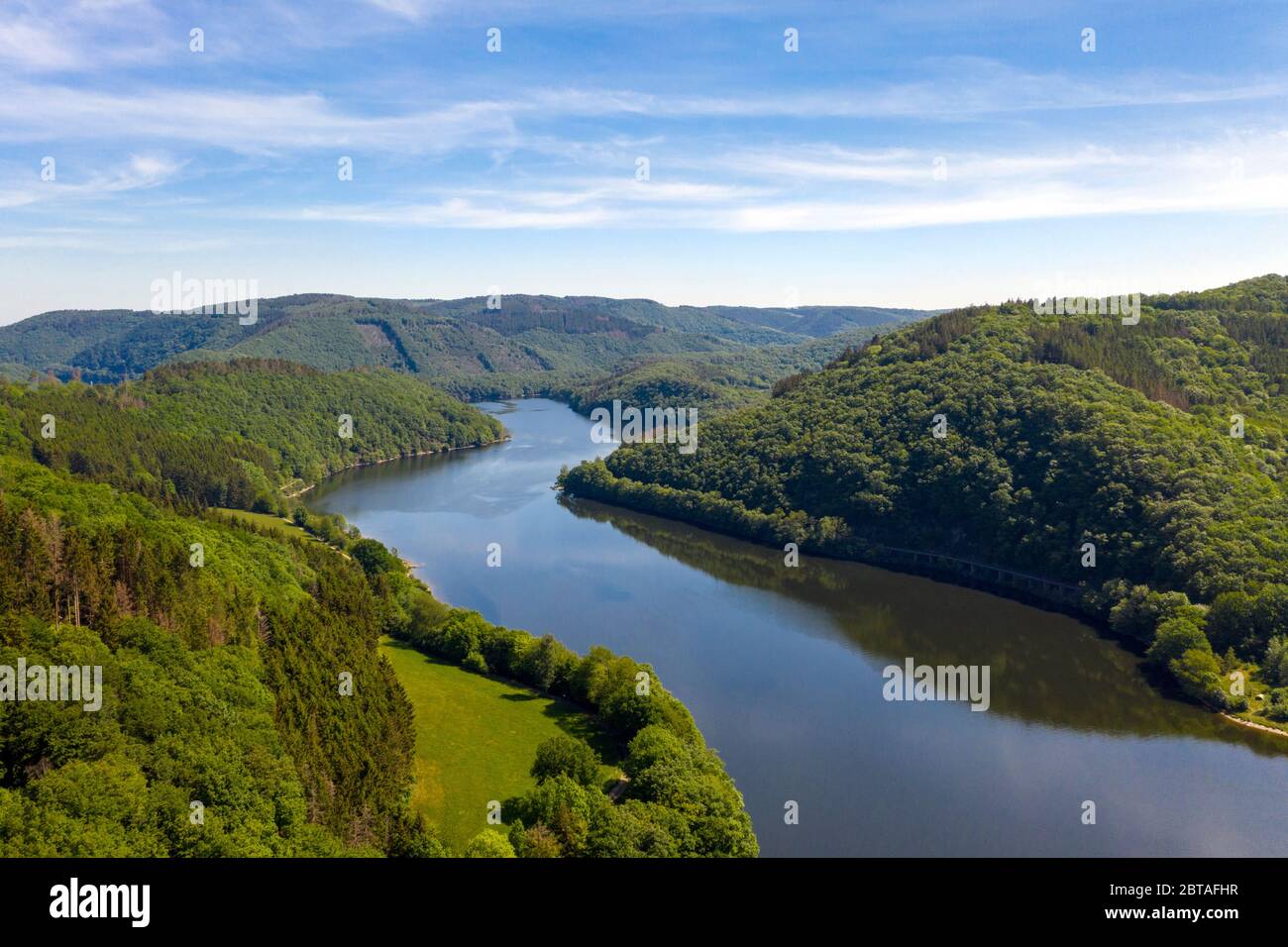 Aerial view of the Obersee (Upper Rursee), a reservoir lake in the Eifel Mountains, Einruhr, Simmerath, North Rhine-Westphalia, Germany, Europe Stock Photo