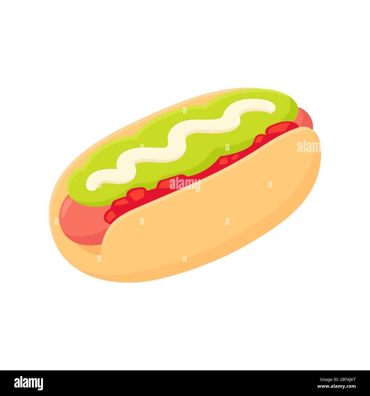 Hot dog with tomato, avocado and mayo. Traditional fast food sandwich, popular in Chile as 'Completo Italiano'. Flat cartoon style isolated vector ill Stock Vector