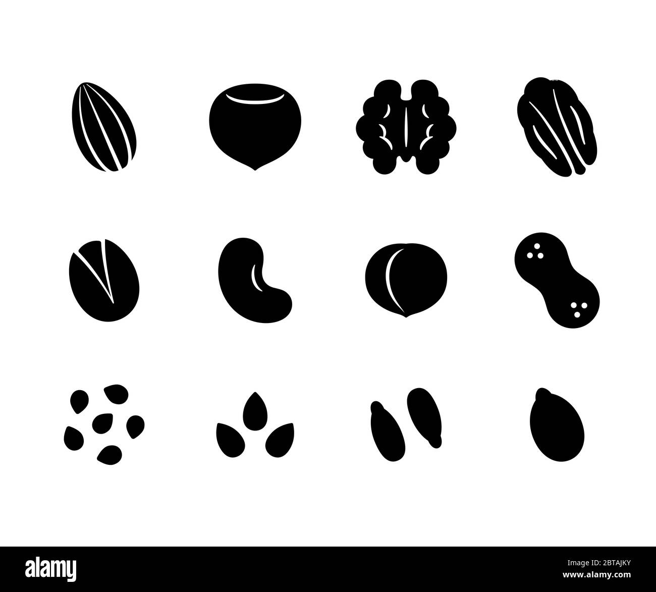 Nuts and seeds icon set. Solid black cartoon style icons, isolated