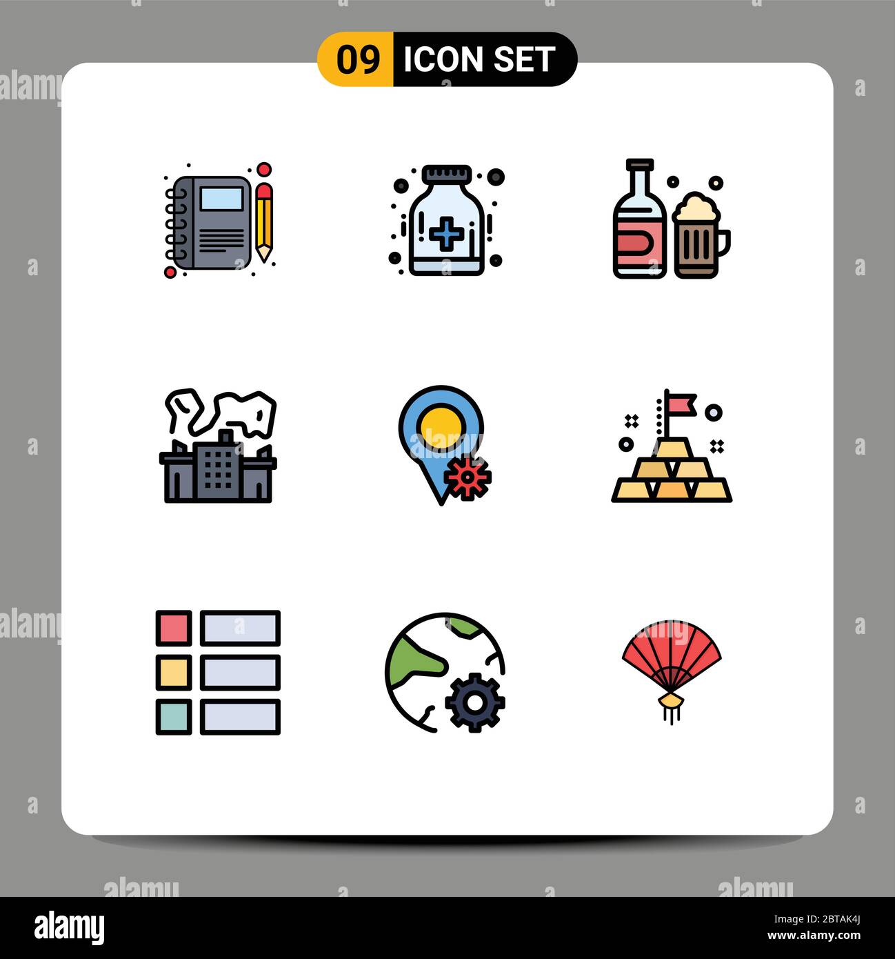 Set of 9 Modern UI Icons Symbols Signs for location, nuclear, hospital