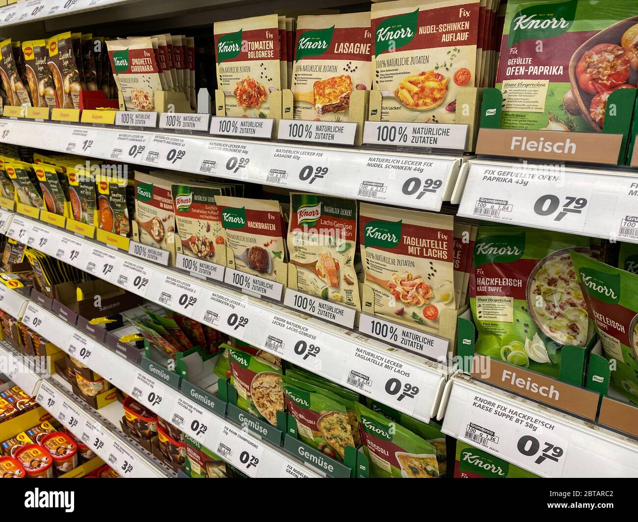 Tönisvorst, Germany - May 22. 2020: Close up of isolated bags with Knorr  instant packet soup in shelf of german supermarket Stock Photo