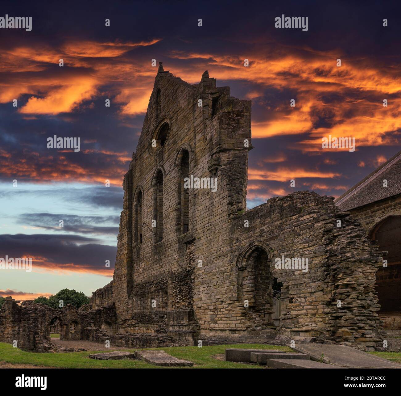 The Old Transept Ancient Ruins Kilwinning Abbey Scotland thought to be dated arround 1160's. Impressive ruins at sunset. Stock Photo