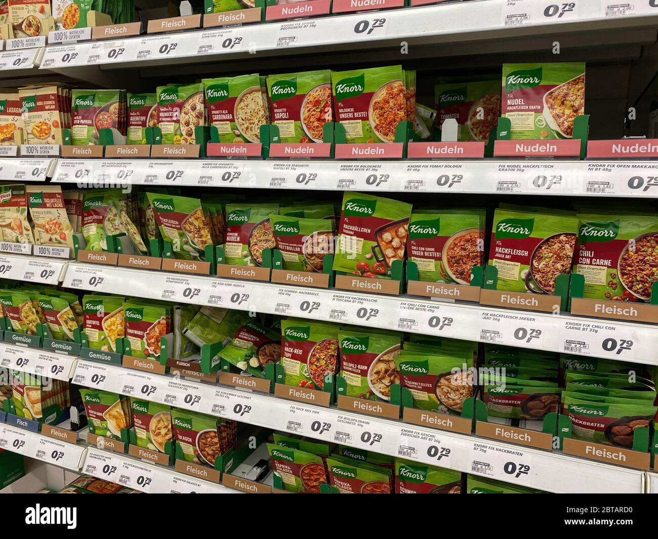 Tönisvorst, Germany - May 22. 2020: Close up of isolated bags with Knorr  instant packet soup in shelf of german supermarket Stock Photo