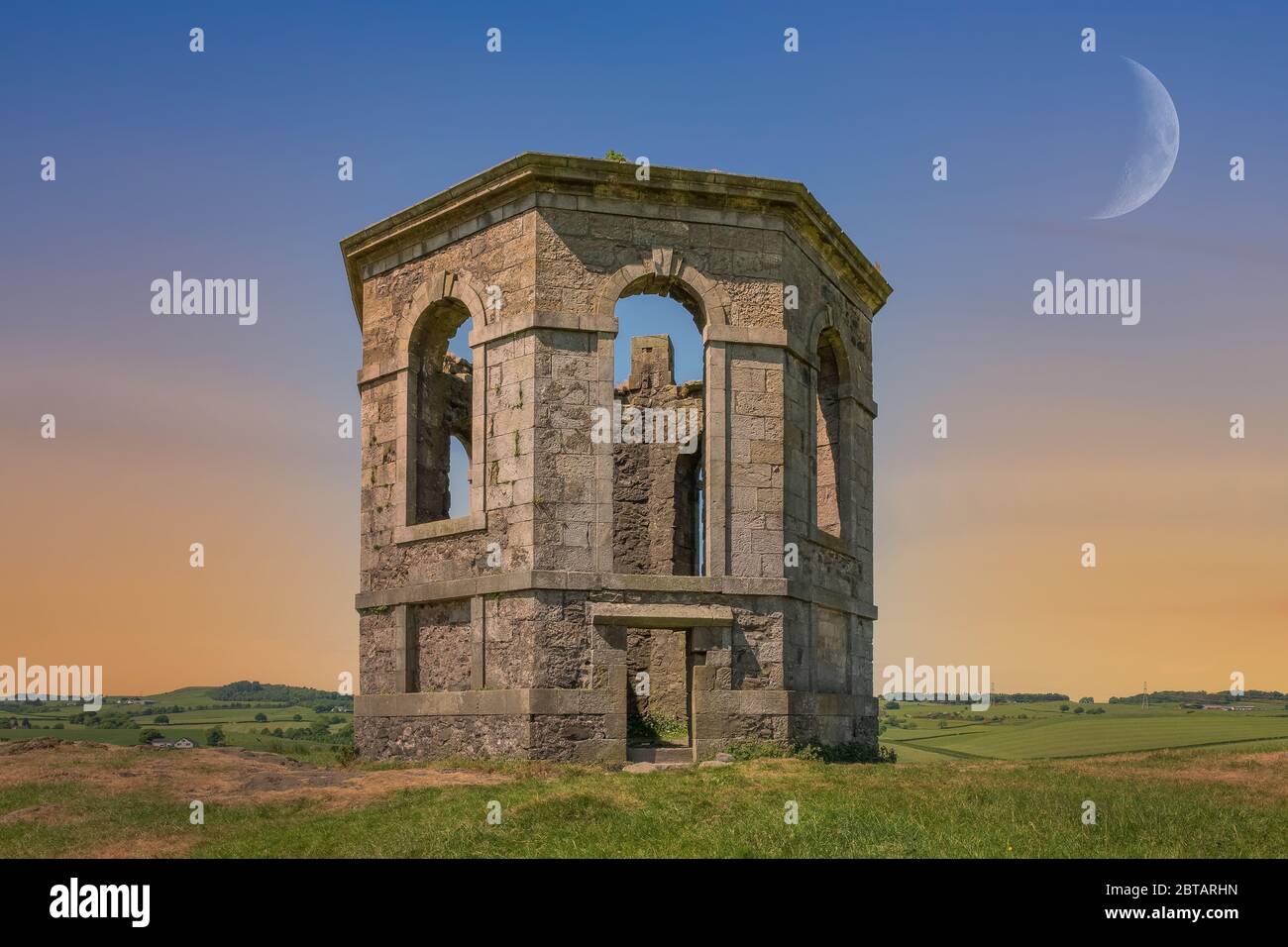 On Kenmuir Hill stands  The Ancient Ruins of Castle Semple Temple that overloks the Renfrewshire Valley in Scotland. Stock Photo