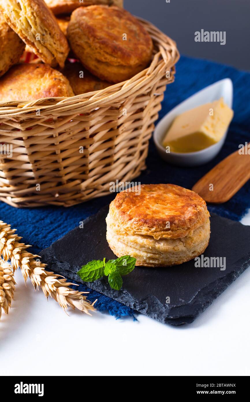 Food concept Homemade browned crust butter milk American biscuits or Scones with copy space Stock Photo