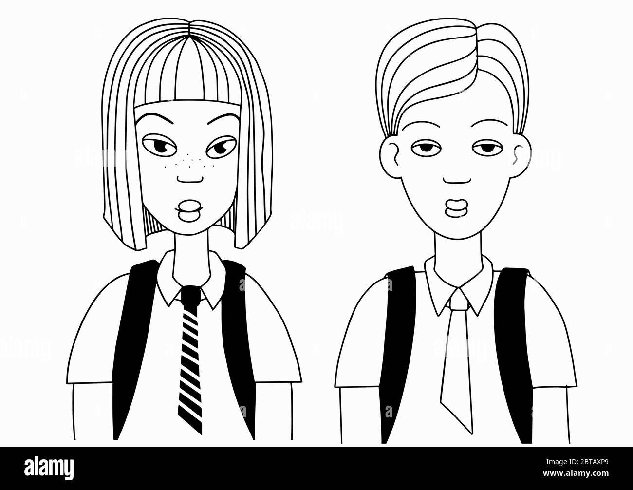 faces of a teenage boy and girl outline on white background doodle