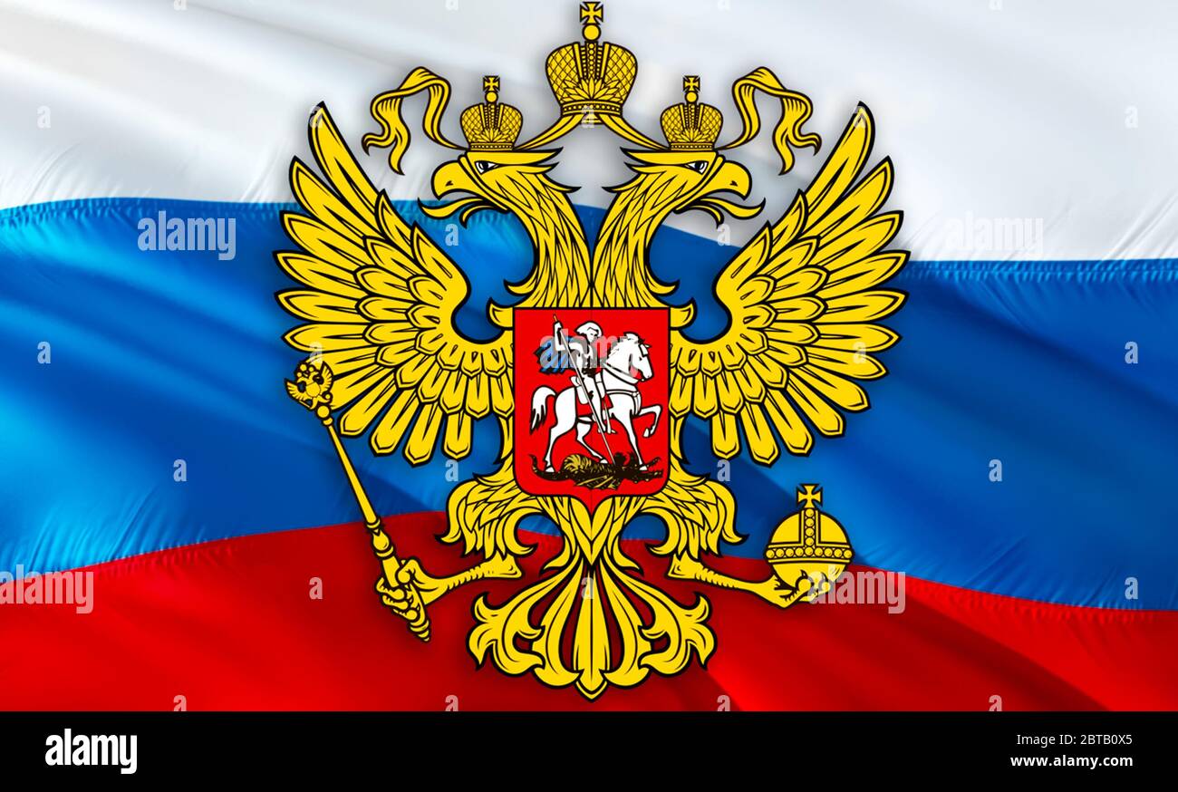 Russian flag with Coat of arms of Russia. Kremlin presidential Coat of arms of Russia, 3d rendering. Russian eagle. Russian Presidential National embl Stock Photo