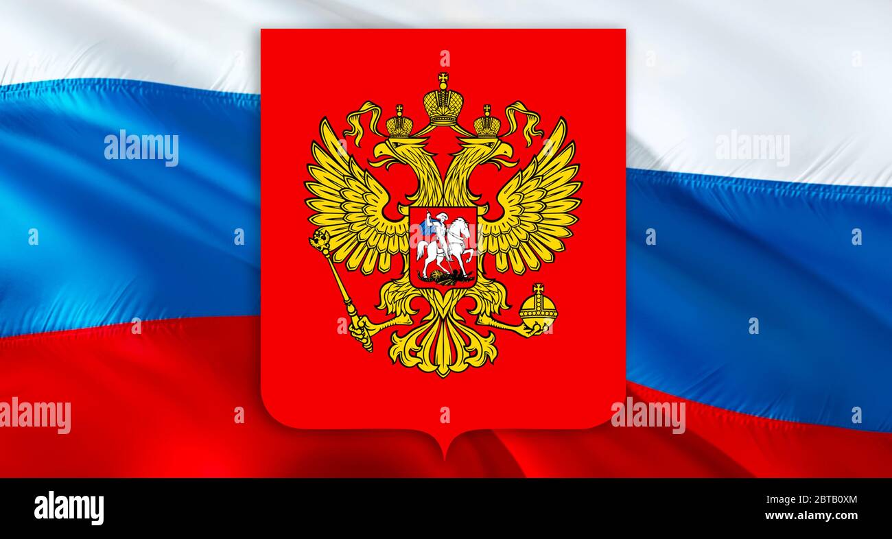 Russian flag with Coat of arms of Russia. Kremlin presidential