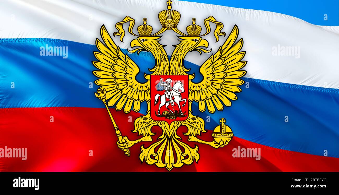 Russian flag with Coat of arms of Russia. Kremlin presidential Coat of arms  of Russia, 3d rendering. Russian eagle. Russian Presidential National embl Stock  Photo - Alamy