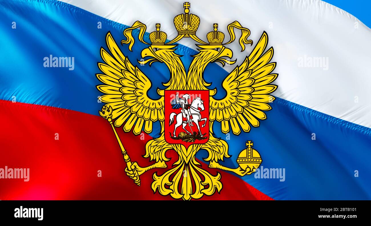 Russian flag with Coat of arms of Russia. Kremlin presidential