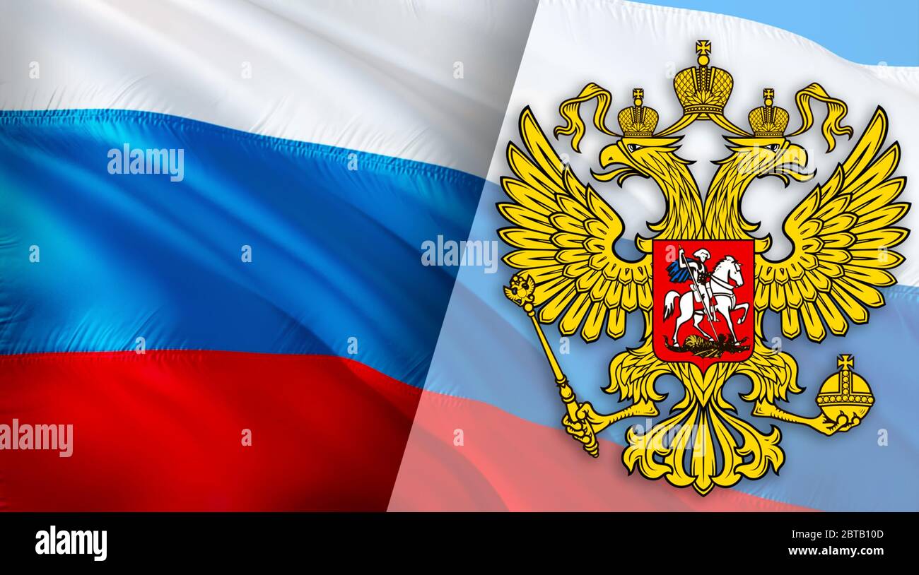 Russian flag with Coat of arms of Russia. Kremlin presidential Coat of arms  of Russia, 3d rendering. Russian eagle. Russian Presidential National embl  Stock Photo - Alamy