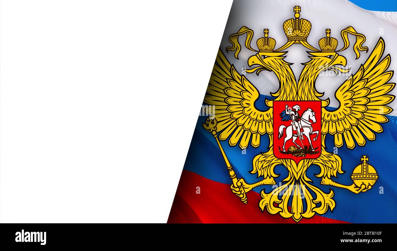 Russian flag with eagle emblem waving in wind. Realistic Russian Flag ...