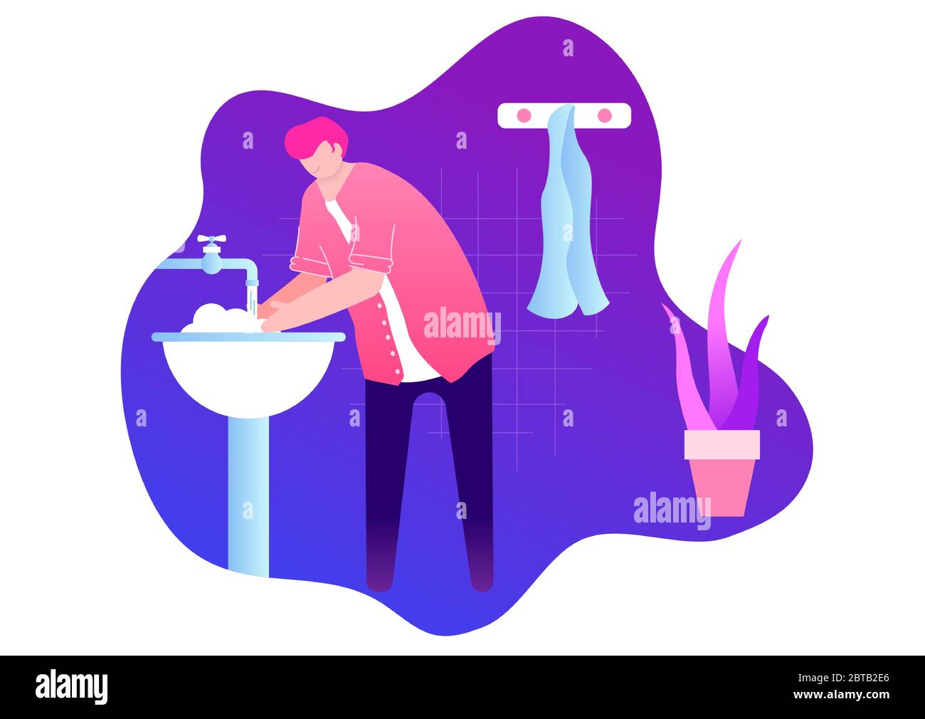 man washing hands with soap over sink in bathroom Stock Vector