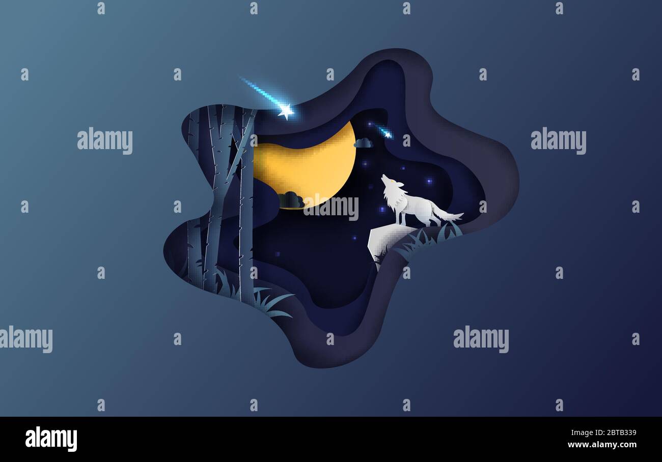Creative Design Paper Art Of Full Moon Autumn With Wolf Howling At Night Your Text Space Background Winter Season For Star Fall On Night Sky Paper Cut Stock Vector Image Art Alamy