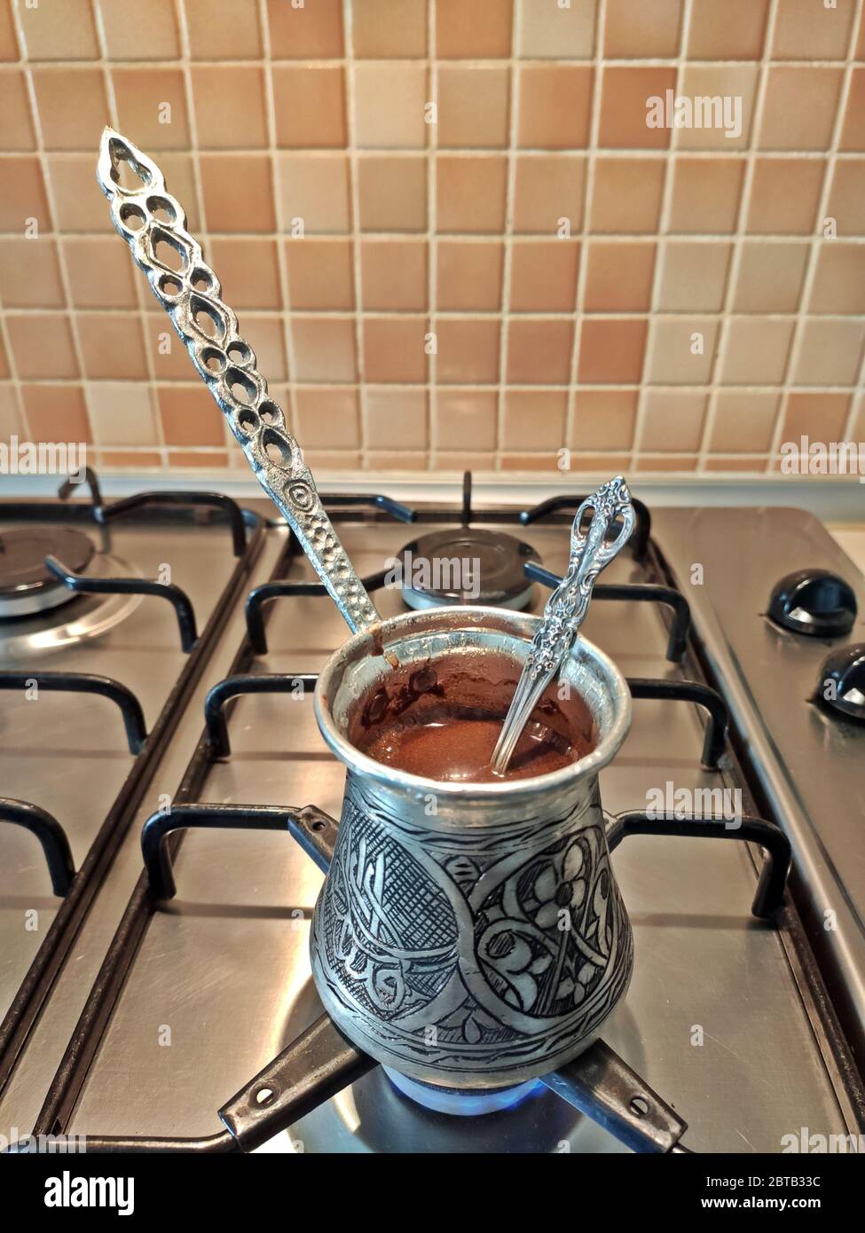 Delicious traditional Turkish coffee, making and presentation… Stock