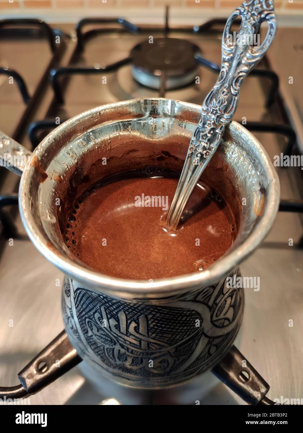 Delicious traditional Turkish coffee, making and presentation… Stock