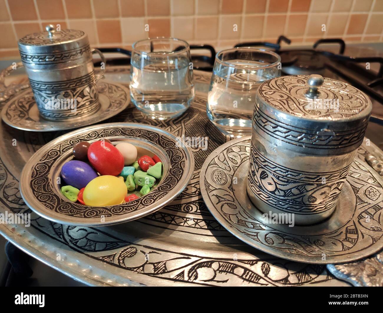 Delicious traditional Turkish coffee, making and presentation… Stock Photo