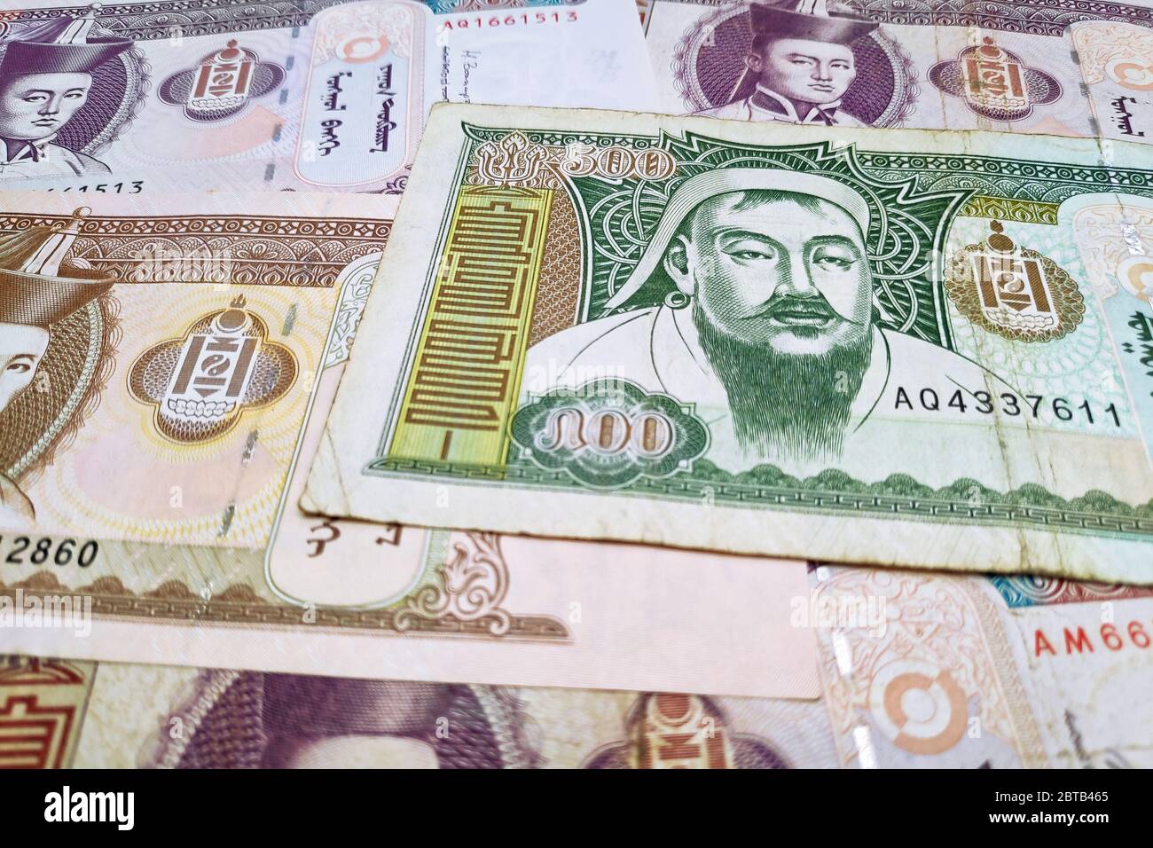 Stack of Mongolian tugrik banknotes as background. Stock Photo