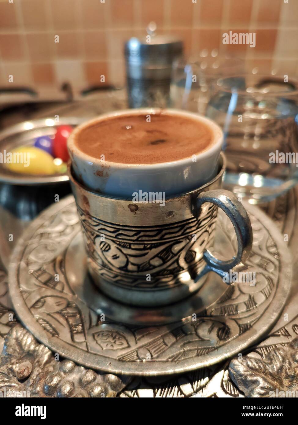 Delicious traditional Turkish coffee, making and presentation… Stock